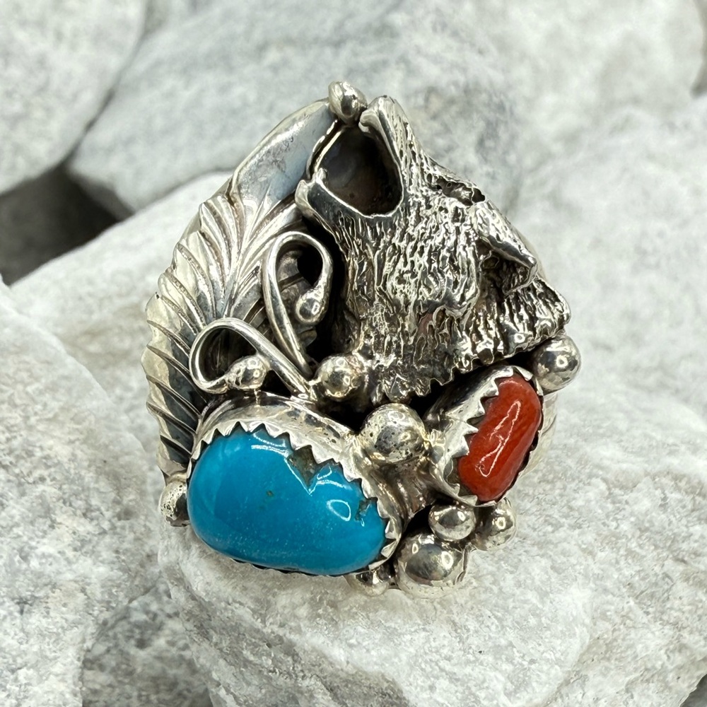 Navajo Sterling Silver Wolf Ring w/ Turquoise & Coral—Genevieve Francisco — 10.5 - Picture 6 of 8